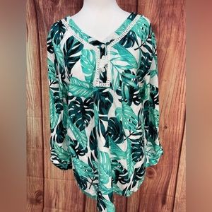 Coral Bay green teal white Monstera leaf print linen blend 3/4 sleeve blouse L